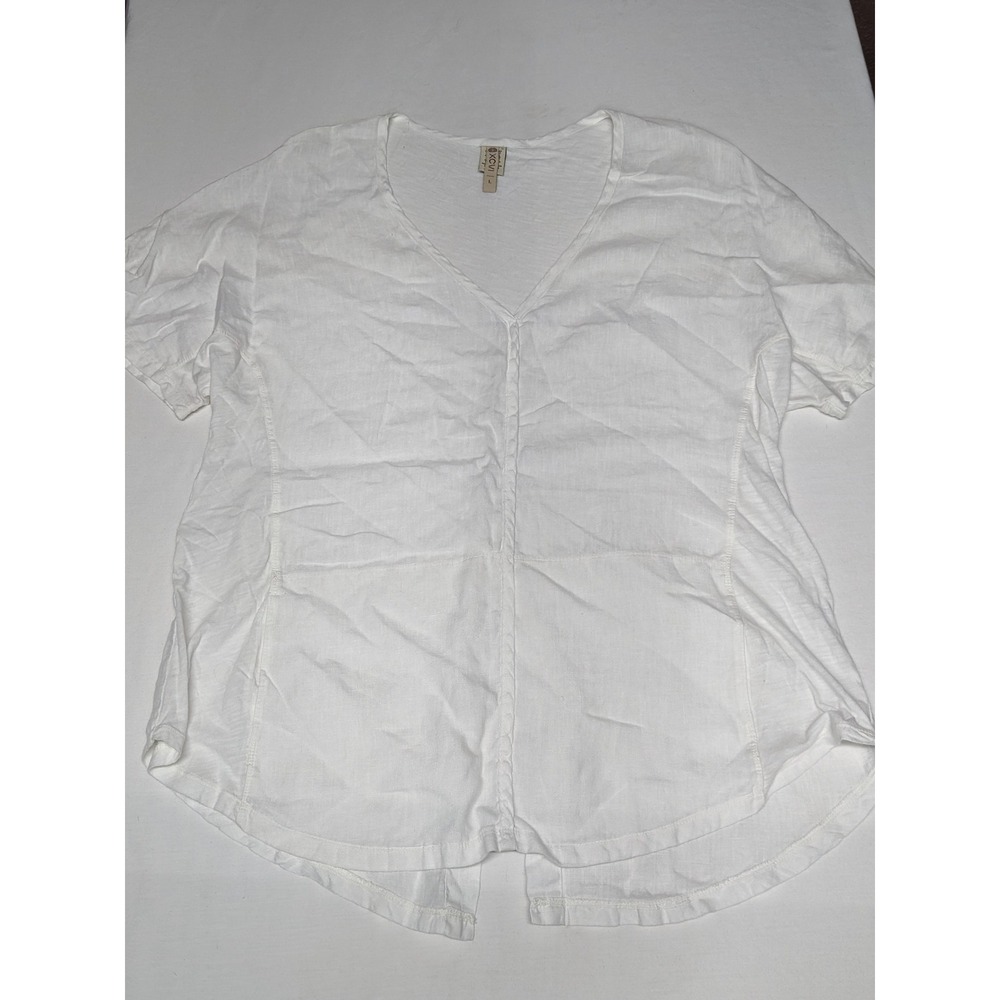 XCVI Womens White Linen V-Neck Short Sleeve Split Back Top 13558NMX Large
